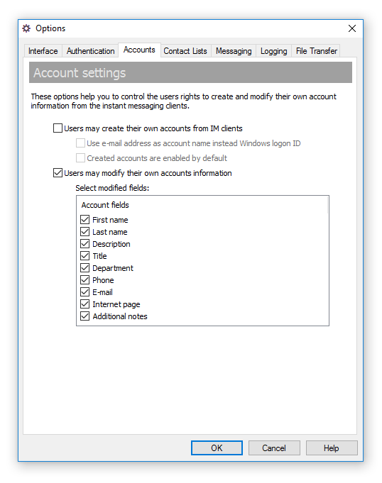 Specify the options related to user account management