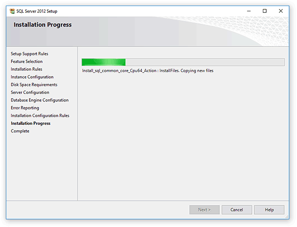 Selected features and configuration of the SQL server are being installed
