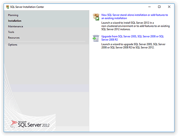 Welcome page of the setup wizard of Microsoft SQL Server 2012 Express Edition